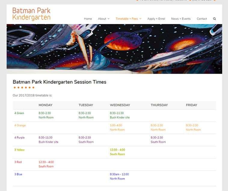 Batman Park Kindergarten website, session timetable. Design and Wordpress website build by Birdhouse Digital.