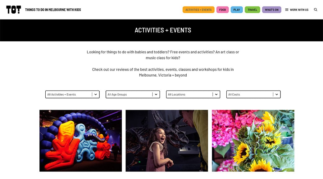 Activities + Events page of Tot Hot or Not website. Built by Birdhouse Digital